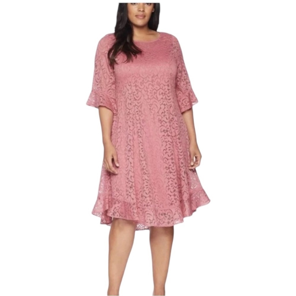 Kiyonna Dusty Rose Livi Lace Overlay Bell Sleeve Dress 3X
